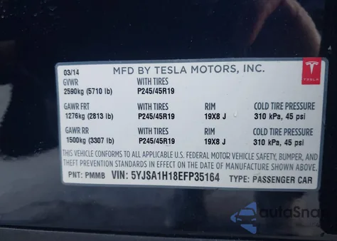 2014 Tesla Model S P85 из США, поврежденный, VIN 5YJSA1H18EFP35164